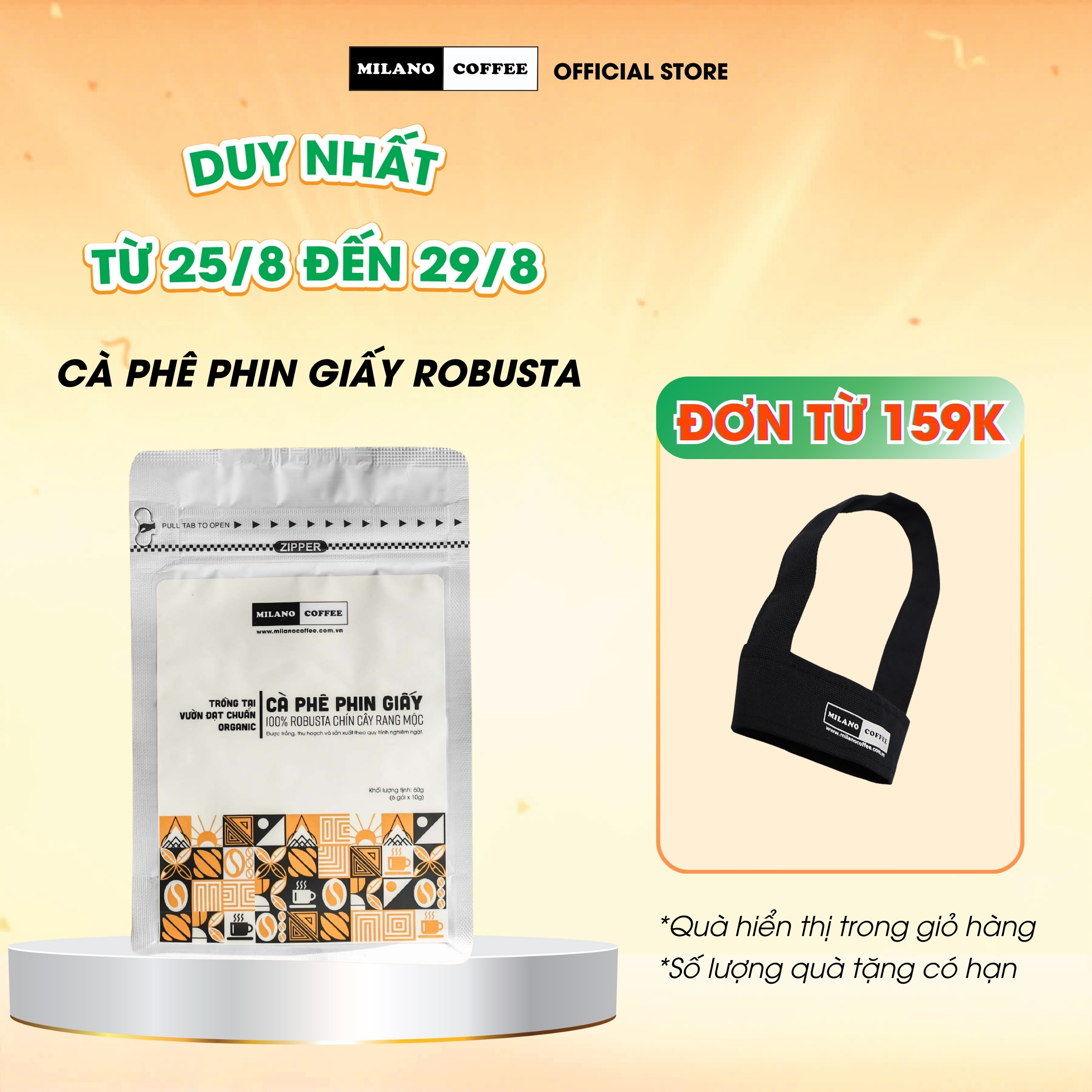 Cà phê phin giấy Robusta chín cây rang mộc Milano Coffee