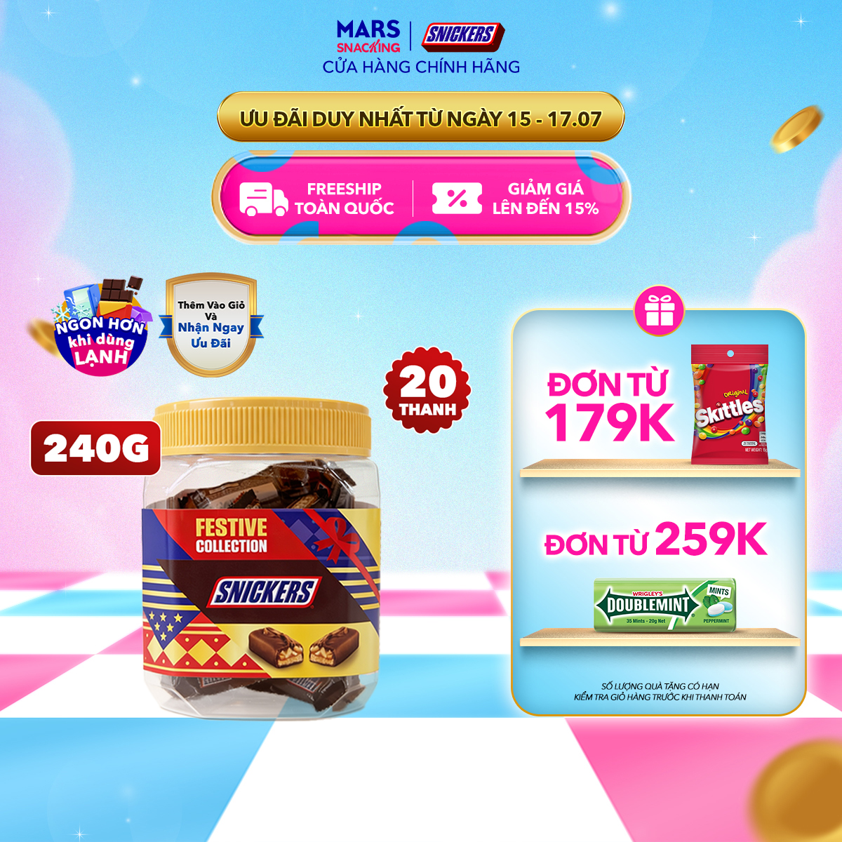 [DIỆN MẠO MỚI 20 THANH] Hũ kẹo sô cô la nhân đậu phộng Snickers jar 240g (20 thanh x 12g)