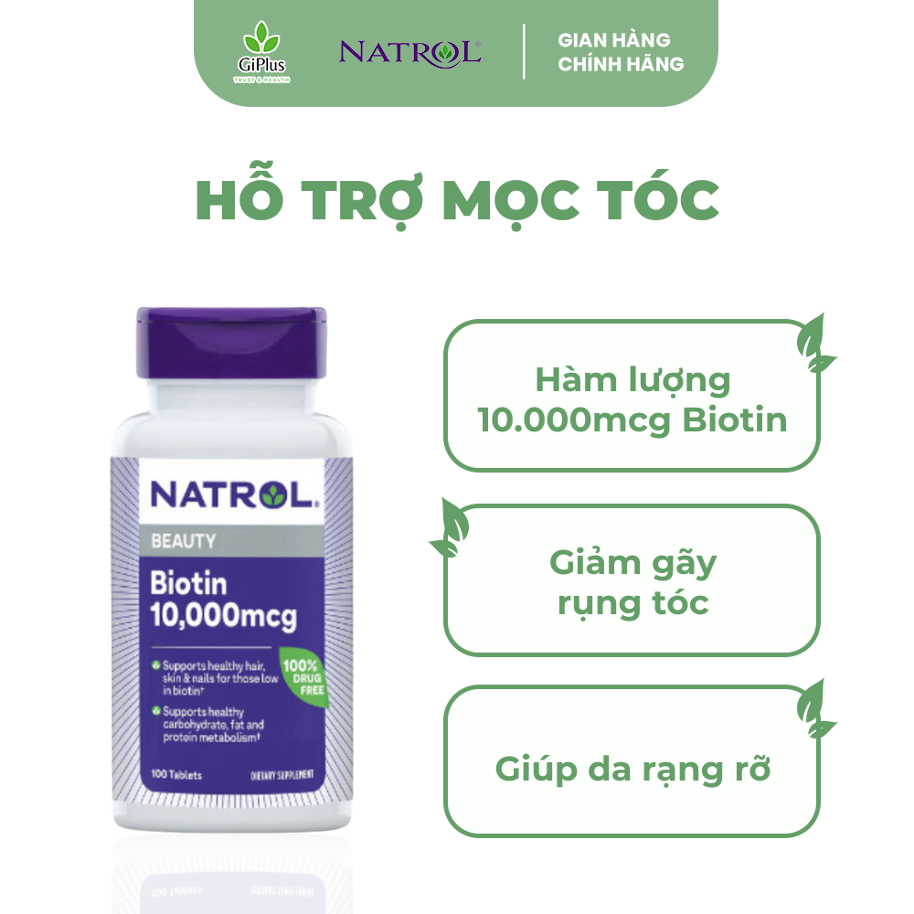 Viên Uống Hỗ Trợ Mọc Tóc, Móng Natrol Biotin 10.000mcg (100 Viên/Lọ)