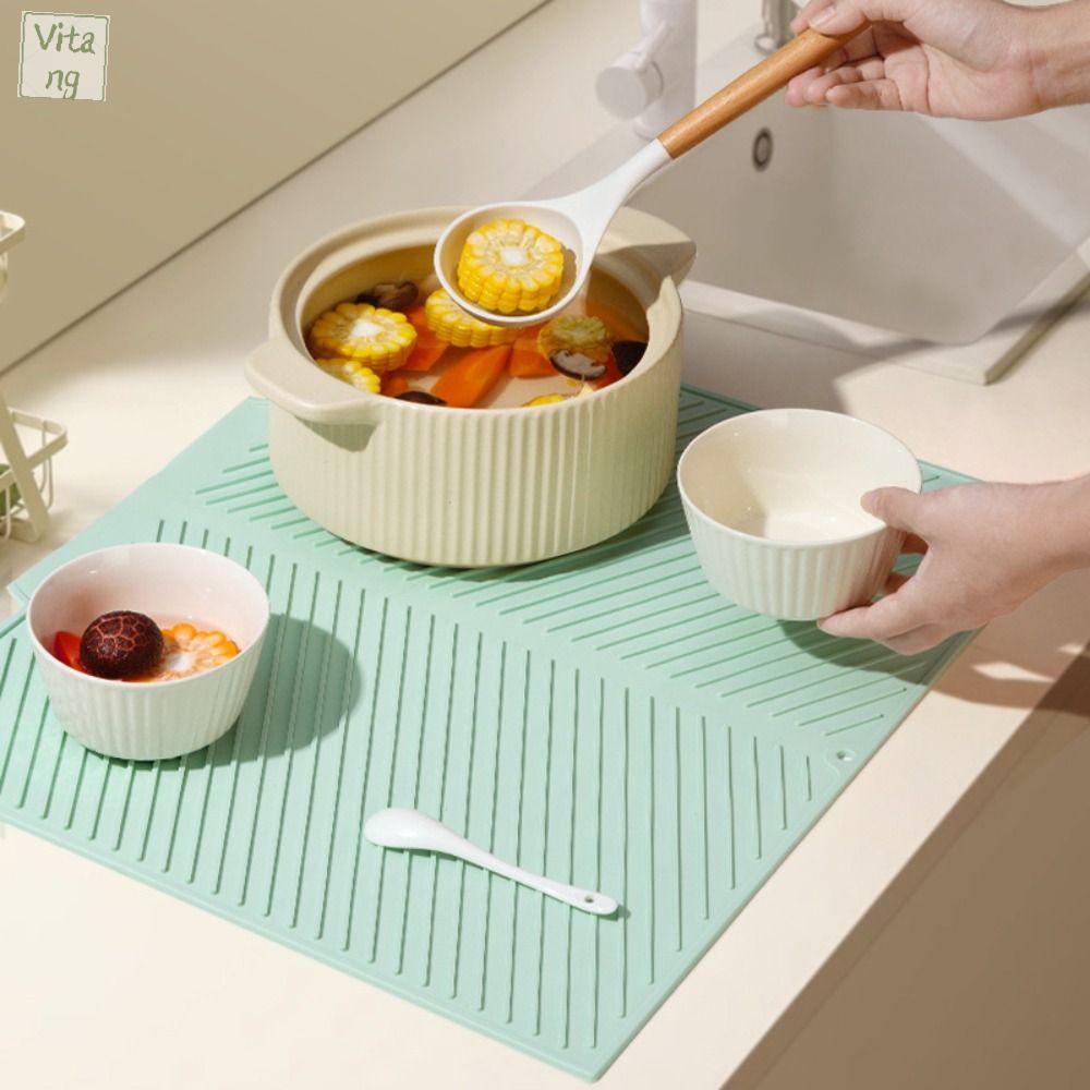 VITANG Chịu nhiệt Tấm thoát nước silicone Chống trượt Dày hơn Khăn trải bàn Phụ kiện nhà bếp Hình chữ nhật Tấm lót phơi bát đĩa  bàn