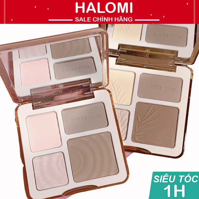 Phấn bắt sáng Sweet Mint 4 màu gồm Tạo Khối / Má Hồng Hiệu Ứng Lì 3D Độ Bóng Cao Highlight HALOMI