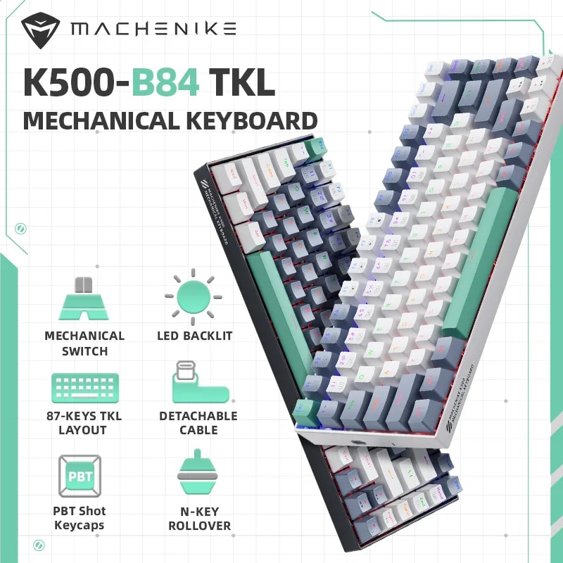 Machenike K500-B84 TKL Bàn phím cơ có dây 84 phím đèn nền LED bàn phím chơi game PBT Doubleshot Keyc