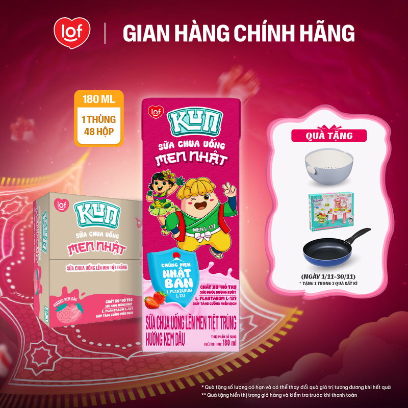 Sữa chua uống KUN vị kem dâu thùng 48 hộp x 180ml