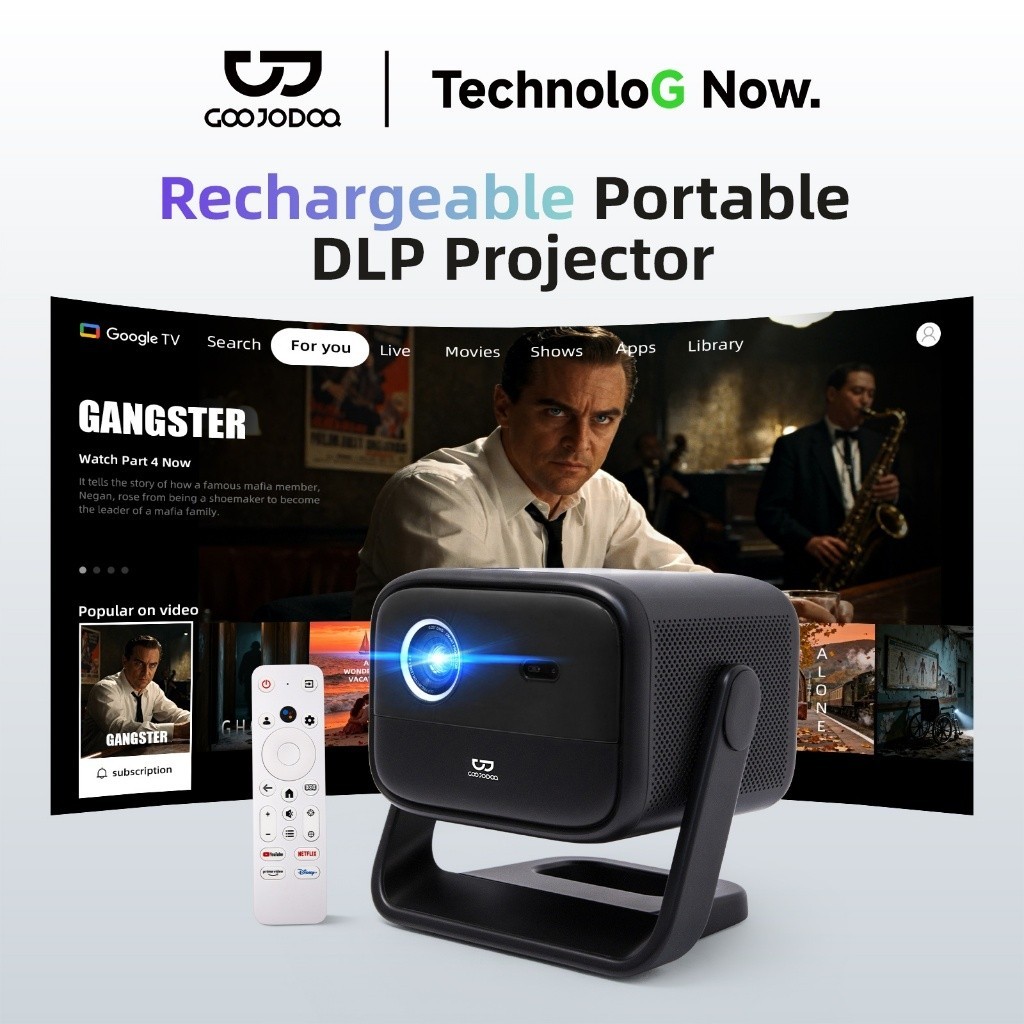 GOOJODOQ โปรเจคเตอร์ DLP แบบชาร์จไฟได้ Android11 + ระบบ Google TV 200-Min Lasting Battery 4K/120fps Max Decode ราคา 19,999 บาท*ส่งฟรี