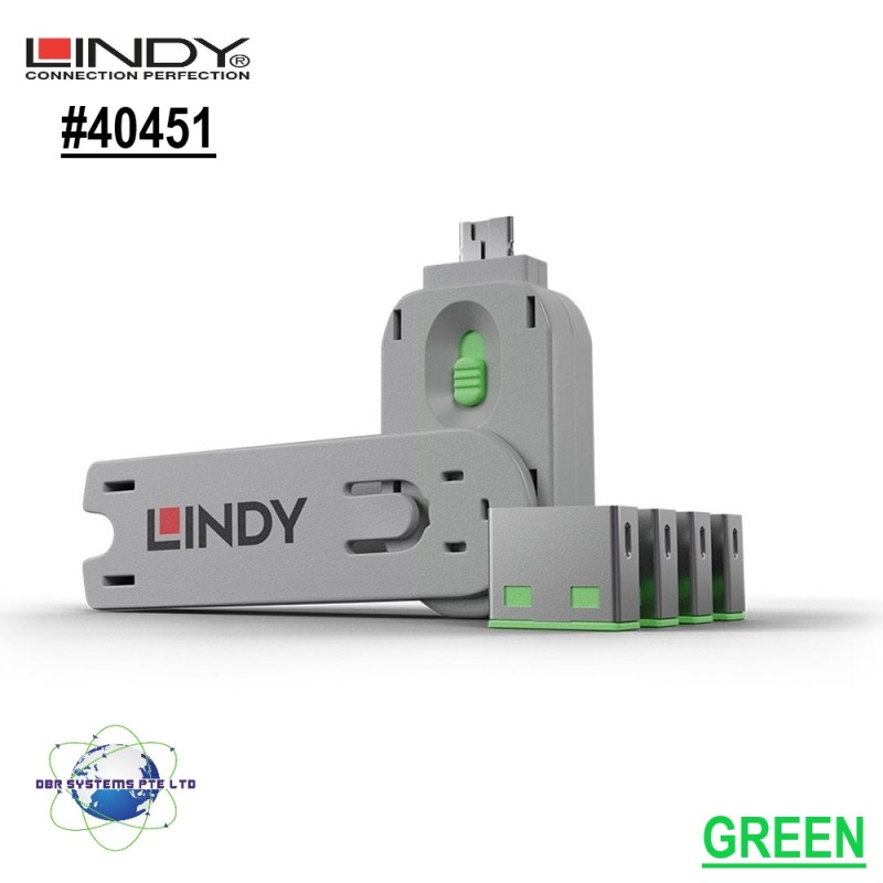 Lindy (GERMAN TECHNOLOGIES) USB type A Port Blocker - Pack of 1 key + 4 blocker, Colour Code: Green No. 40451