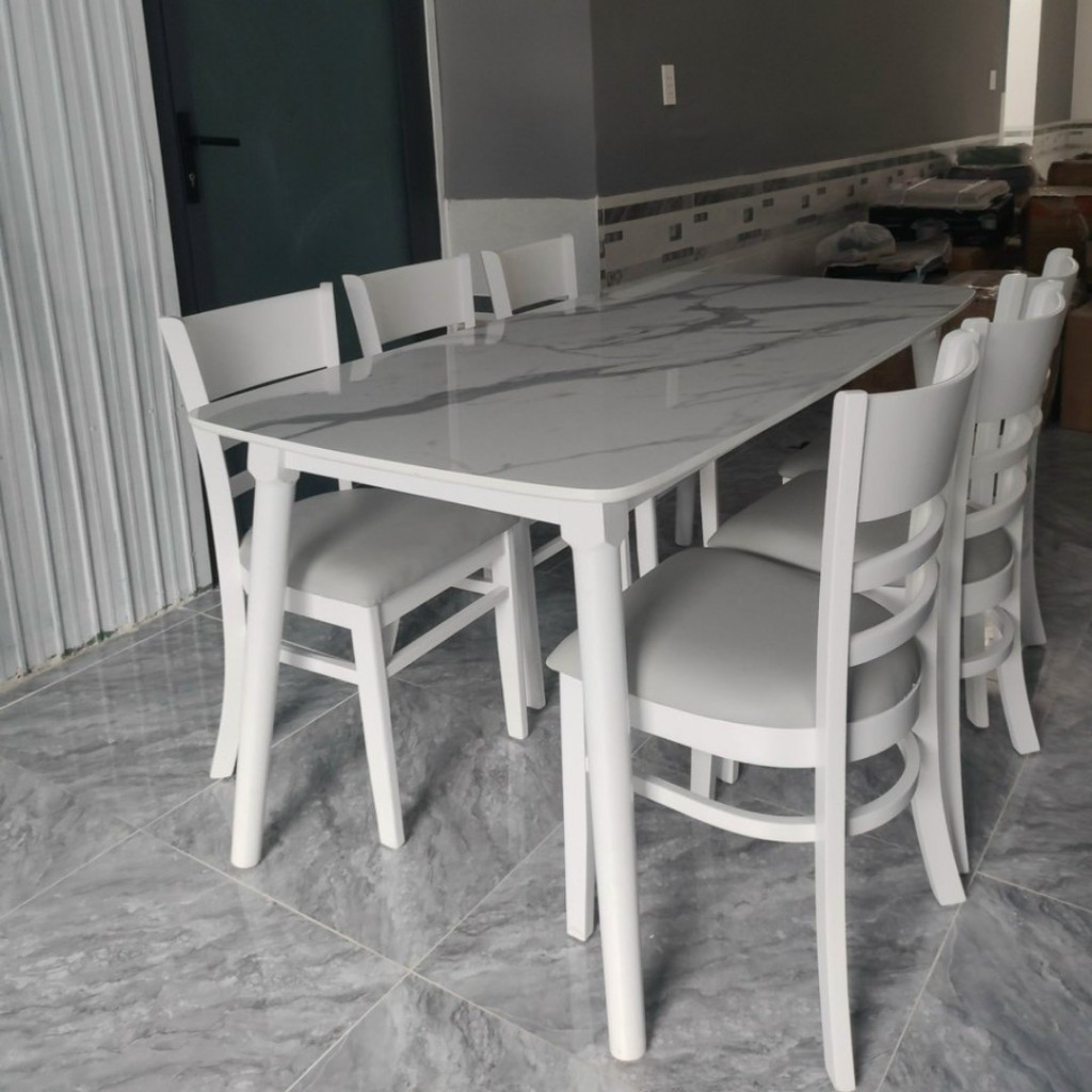  Bàn ăn cơm 6 ghế gỗ trắng bàn ăn giả đá - mặt bàn chữ nhật 1m60 x80cm kết hợp ghế cabin siêu chắc 