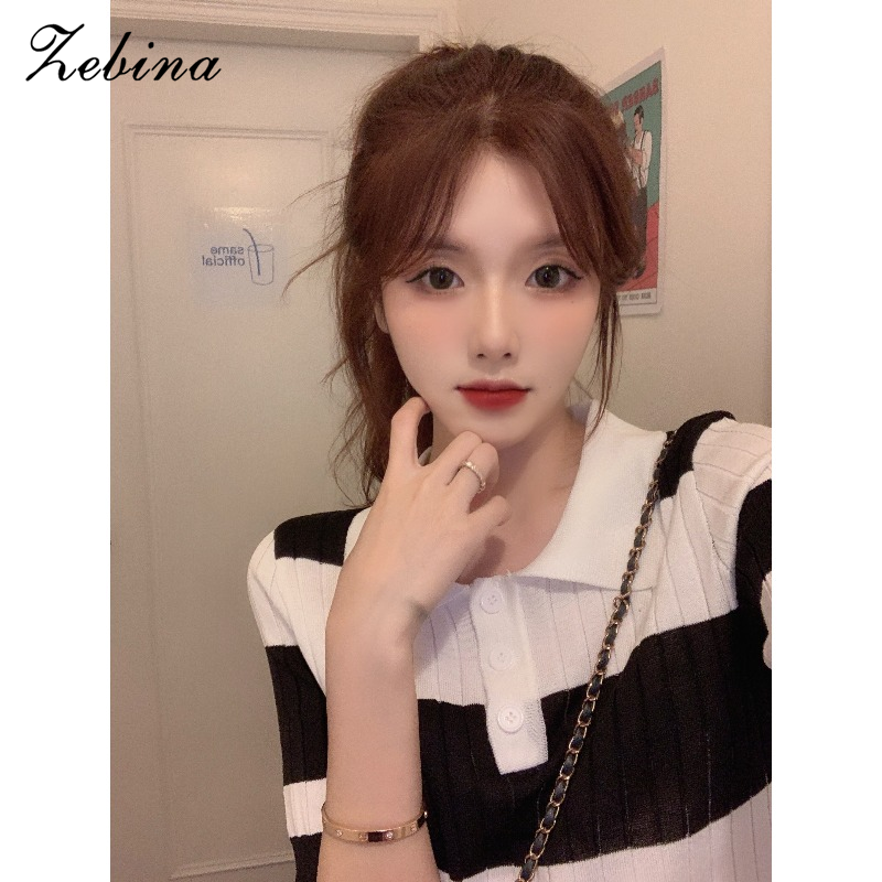 Zebina Sweet College Style Knit Polo Shirt Short Sleeve Slim Fit Women's Top
