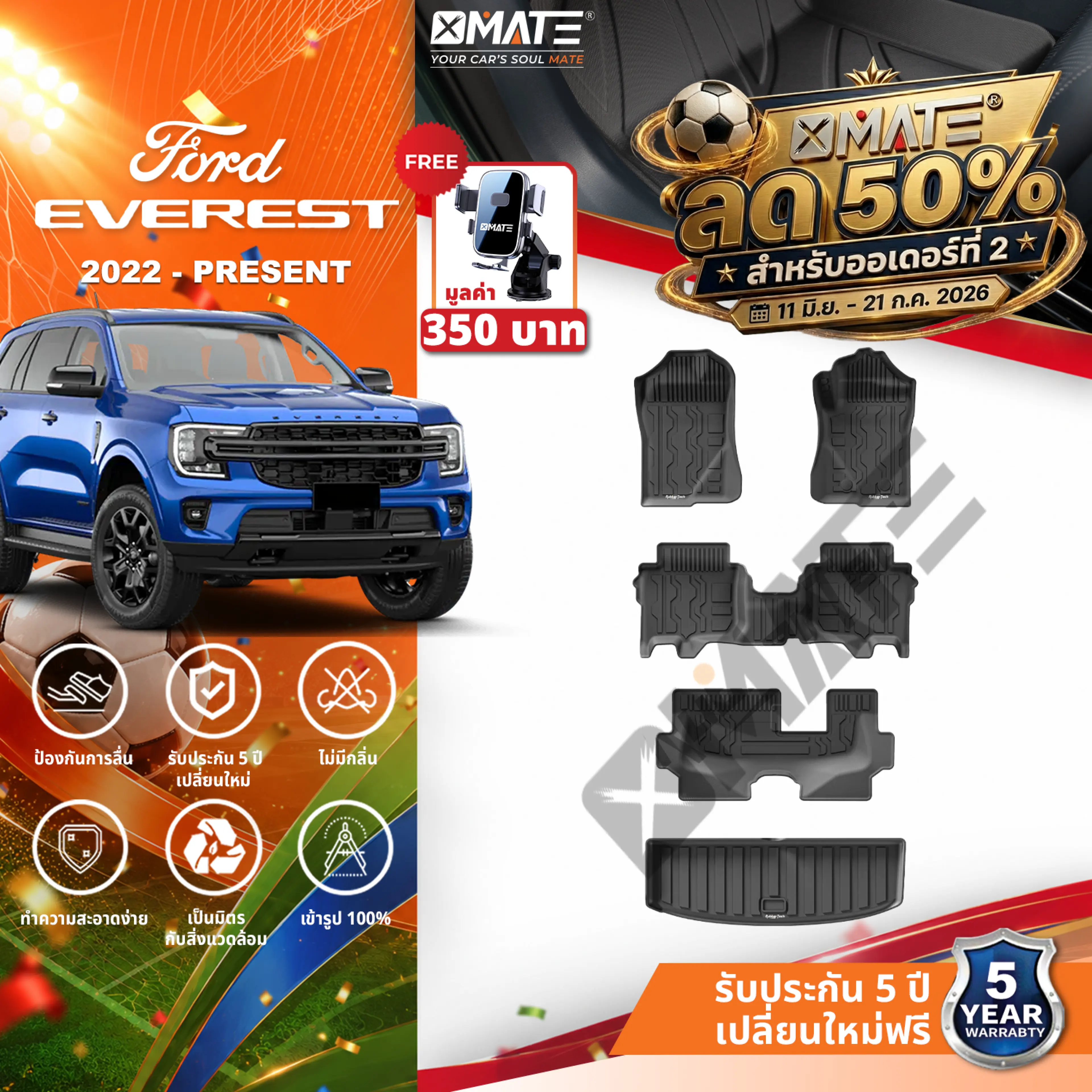 Extra Thick 3D TPE Car Floor Mats for Ford Everest 2022-Current