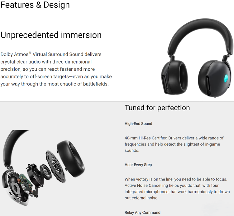 Dell Alienware AW920H Tri Mode Wireless Gaming Headset with Dolby Atmos ...