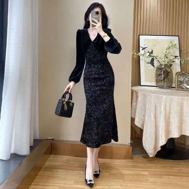 LKK Dress Korea lengan panjang slim fit pinggang hitam gaun pesta mewah Harga 230,000 rupiah*Gratis Ongkir