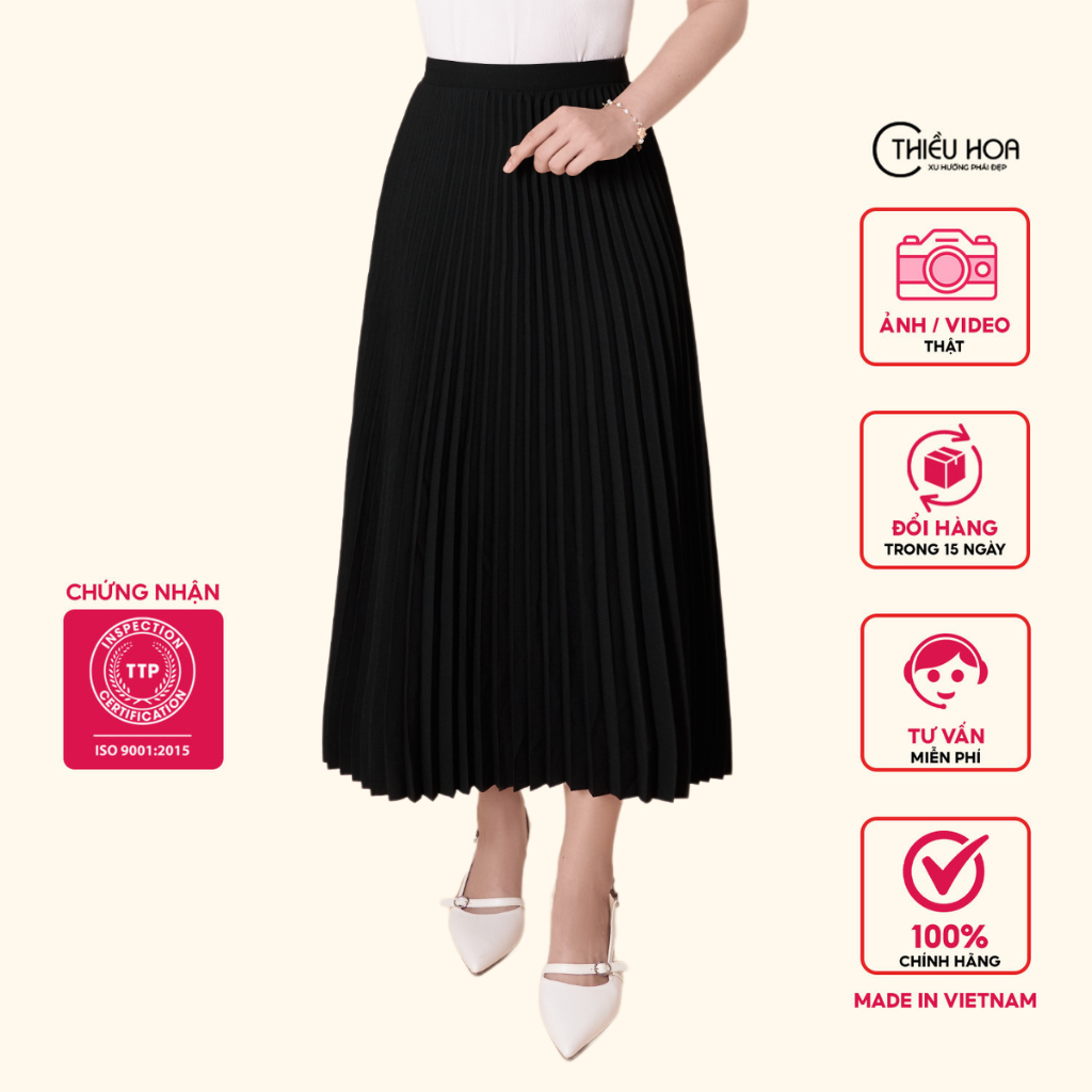 Chân váy xếp ly trung niên chất liệu lụa cát cao cấp siêu tôn dáng thương hiệu Thiều Hoa CV3L0928