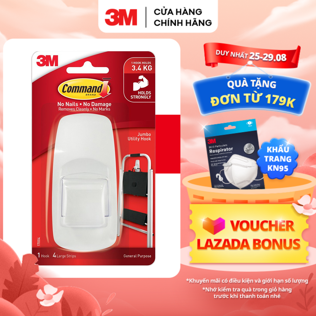 Móc dán tường Jumbo 3M™ Command™, 17004ANZ, độ bền cao, bám cực chắc, chịu lực 3.4kg, vỉ 1 cái, Dùng sắp xếp nhà cửa