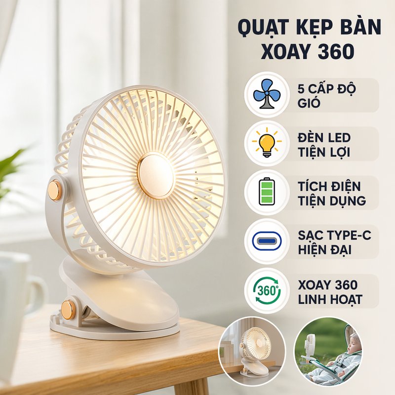 quạt kẹp bàn quạt mini tích điện xoay đa hướng sạc type c đèn led 5 mức gió dùng văn phòng học tập