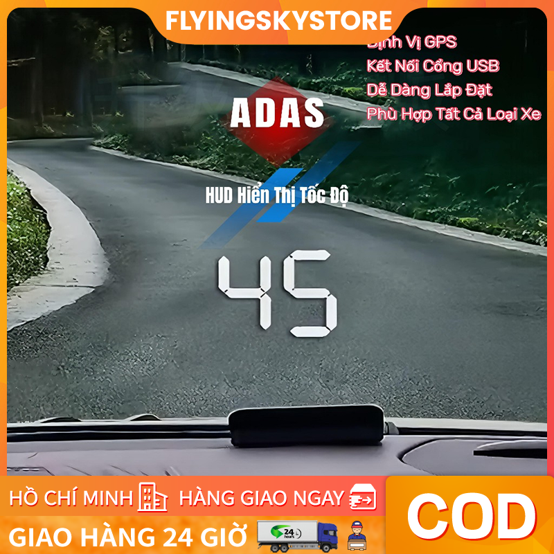 HUD ADAS Hiển Thị Tốc Độ Kính Lái Ô Tô - Tích Hợp GPS, ODO, Cảnh Báo Tốc Độ, Cổng USB