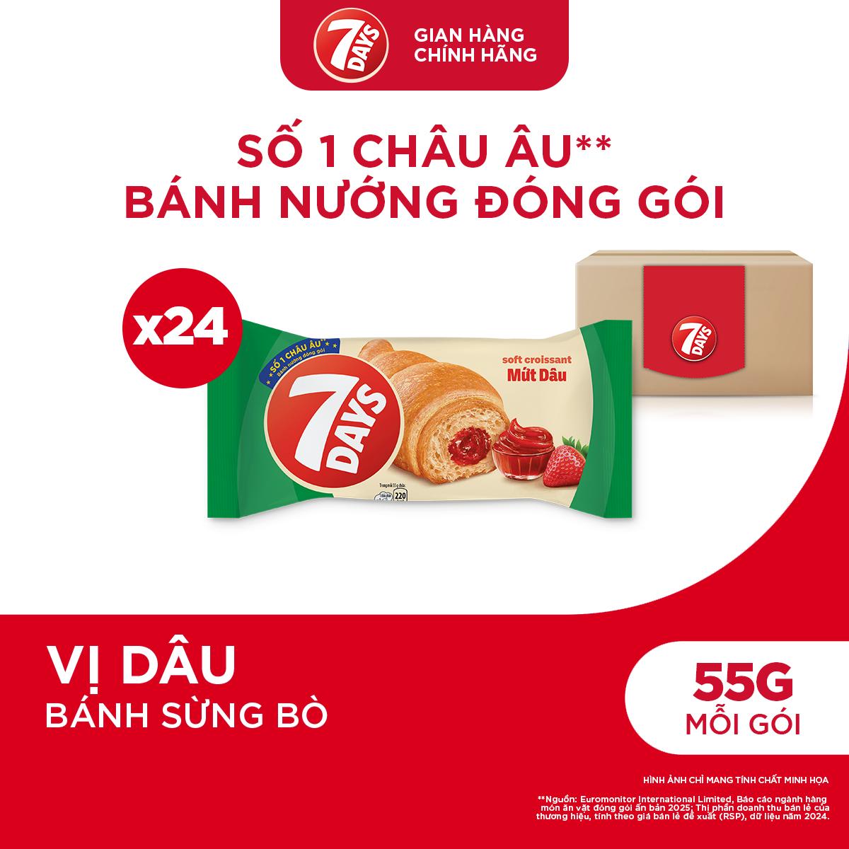Thùng 24 Gói Bánh Sừng Bò 7DAYS Mứt Dâu 55g