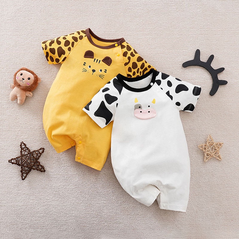 Short Sleeve Cow Baby Bodysuit Cute Cat Print Baby Jumpsuit Cartoon Baby