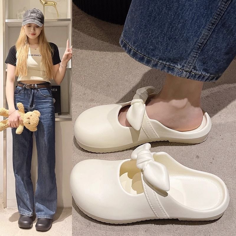 BW Dép Lê Nơ Kết Hợp Thời Trang 2024 Nữ Dép Quai Ngang Nơ Bướm Mary Jane Đơn Giản Ngọt Ngào