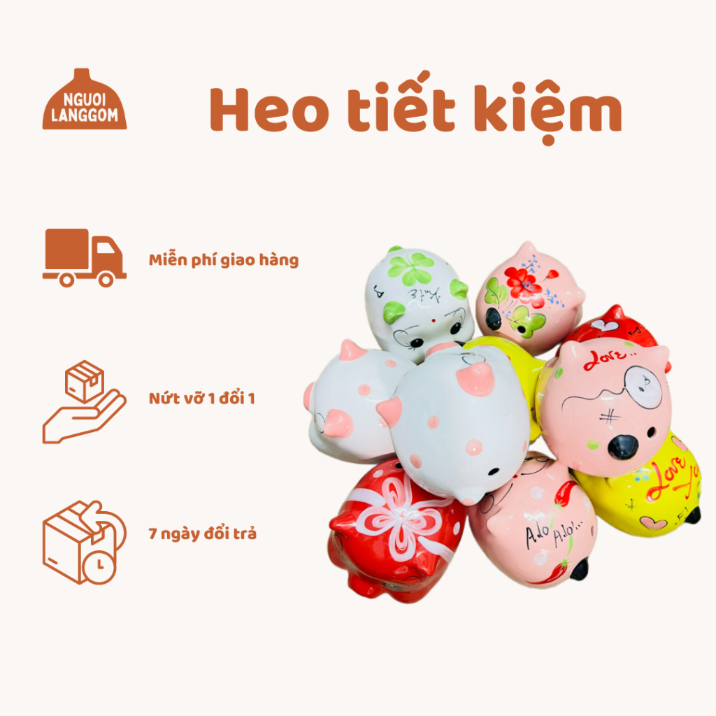 [Lỗ Tròn] Lợn đất heo đất ống heo tiết kiệm - Heo họa tiết truyền thống KÍCH CỠ 12x14x12 - Gốm Bát Tràng - Người làng gốm