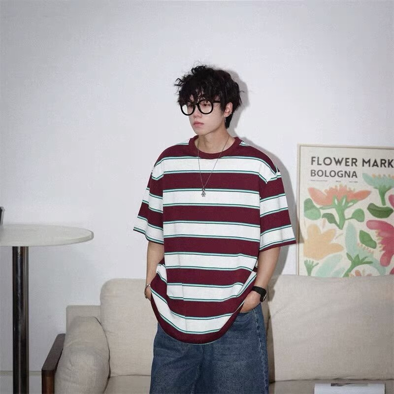 Men's T-shirt retro striped short sleeves stylish casual tops High quality cotton T-shirt