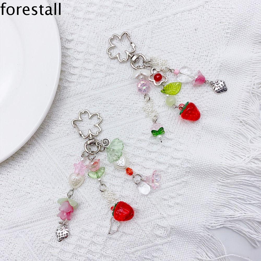 ESTALL Đính Cườm Thủ Công Móc khóa hình hoa dâu tây Thời trang Dễ thương Móc khóa hình quả dâu hoa tulip Trang trí treo Sáng Tạo Móc khóa hoa anh đào Phụ nữ