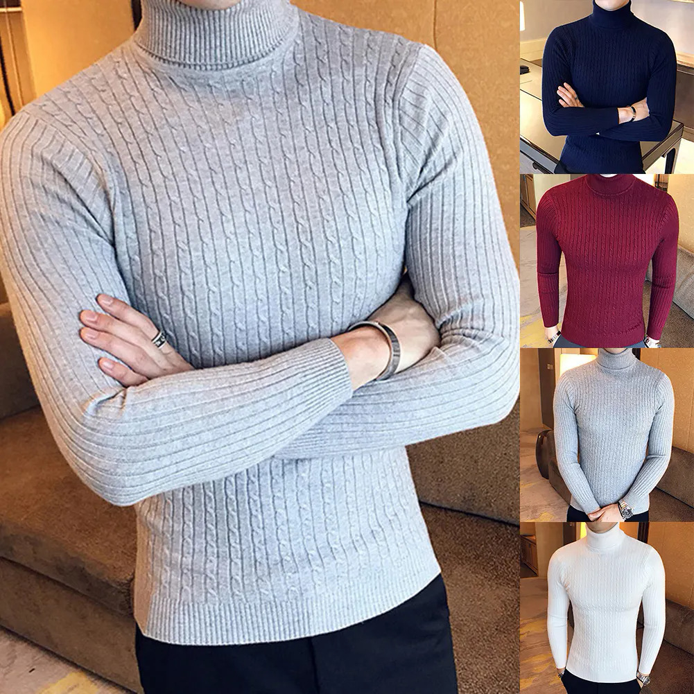 Casual Men Winter Solid Color Turtle Neck Long Sleeve Twist Knitted Slim Sweater Men's Knitted Sweaters Pullover Men999_voghion.com