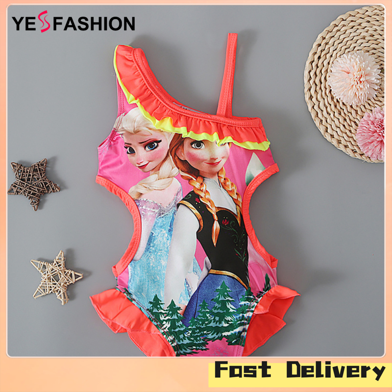 Yesfashion Store IN stockGirls Cartoon Anime Printing Sleeveless Ruffled Collar Swimwear One-piece Swimsuit For 1-6years Old Kids ราคา 143 บาท*ส่งฟรี