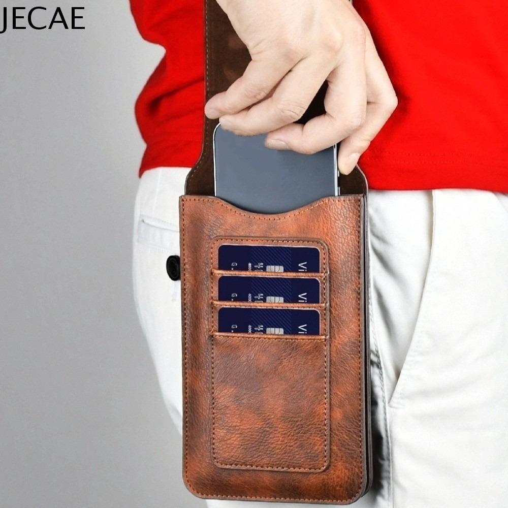 JECAE Bền bỉ Túi đeo hông leo núi Da PU Khaki màu kaki Túi đeo hông Di động Người giữ danh thiếp Túi đựng điện thoại di động Nam giới