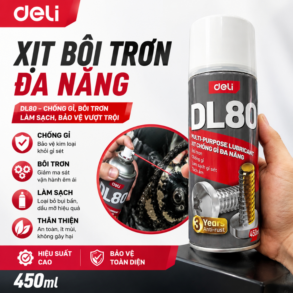 Xịt Chống Gỉ Bôi Trơn Đa Năng Deli DL80 - Chất Bôi Trơn Đa Năng, Chống Rỉ Sét, Tách Ẩm, Làm Sạch Kim Loại