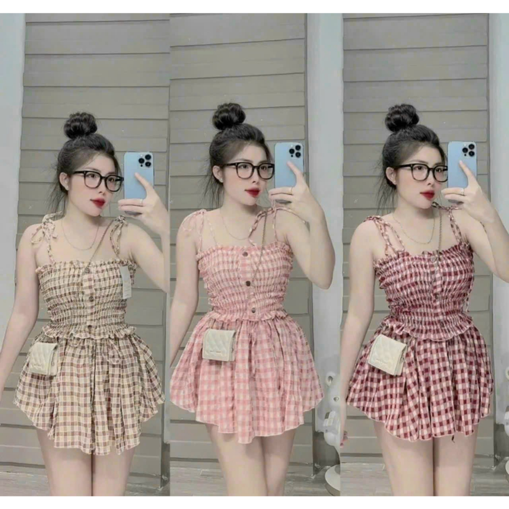 Beveda set bộ nữ áo 2 dây caro nhúng chỉ + quần ống rộng có lót trong