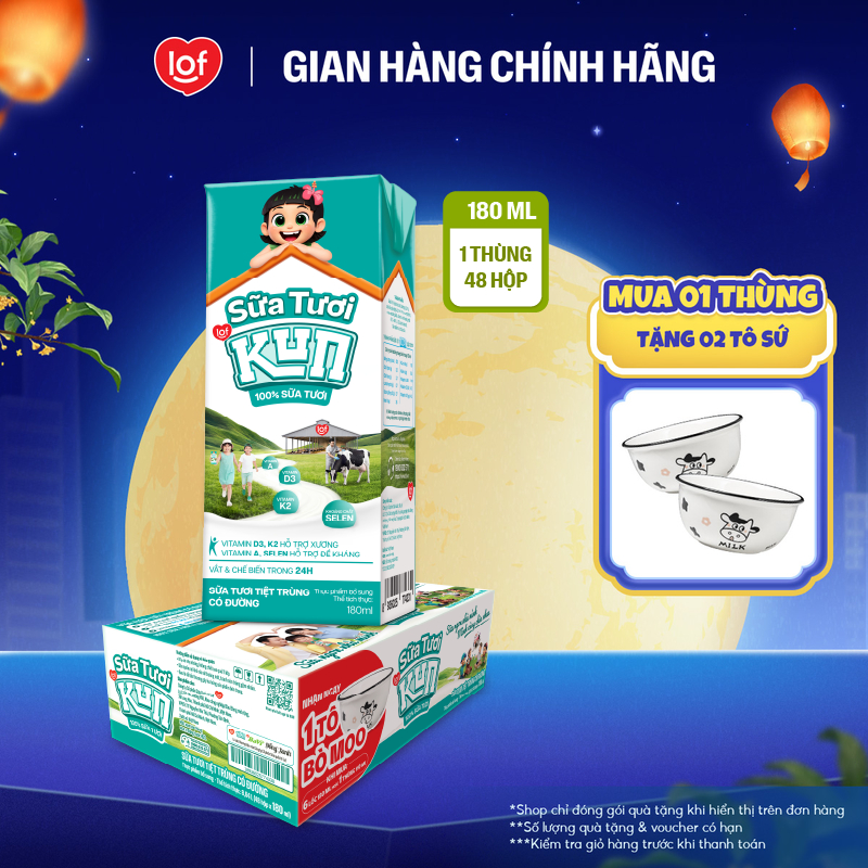 100% sữa tươi KUN có đường thùng 48 hộp x 180ml
