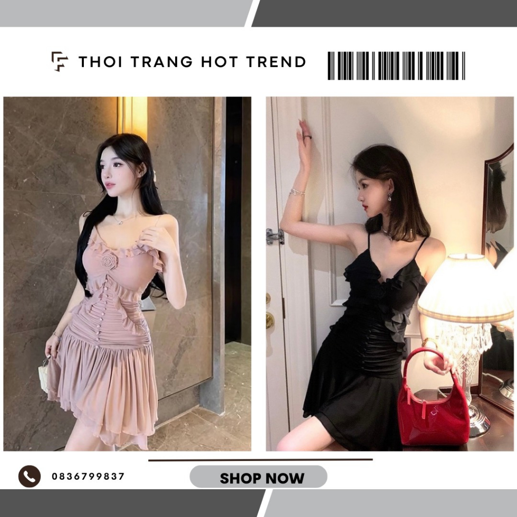 Đầm hai dây cổ chữ v phối bèo nhún họa tiết hoa quyến rũ