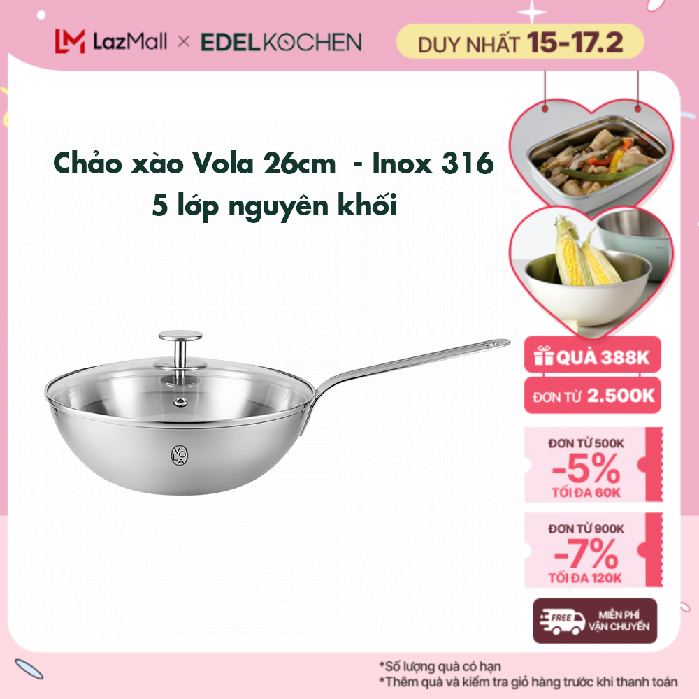 Chảo xào inox 316 - 5 lớp nguyên khối cao cấp Edelkochen Vola Collection 26 cm