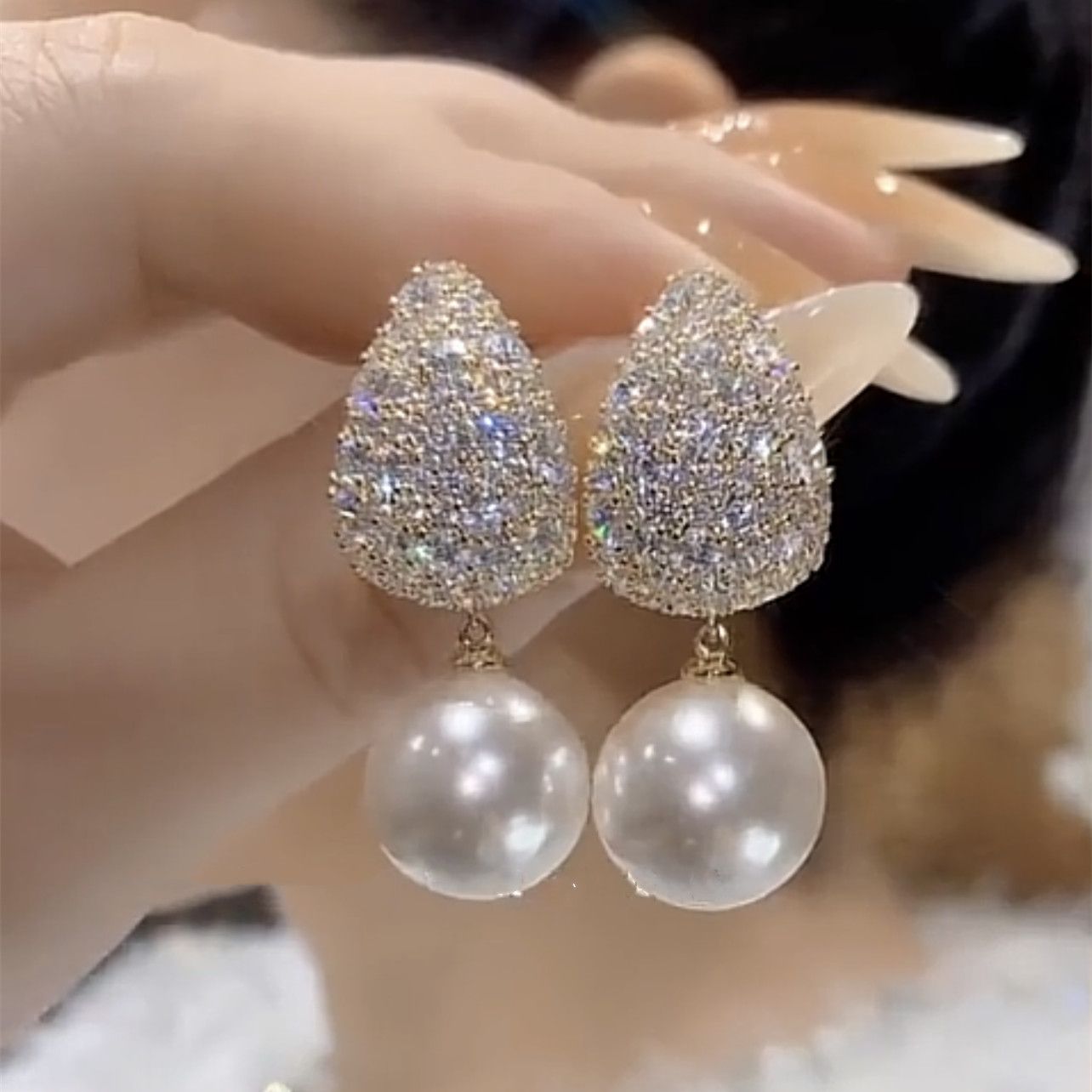 Sang Trọng Dài Ngọc Trai Kim Cương Bông tai lủng lẳng 925 Bạc tiệc cưới Bông tai thả Cho Phụ Nữ Bridal trang sức đính hôn