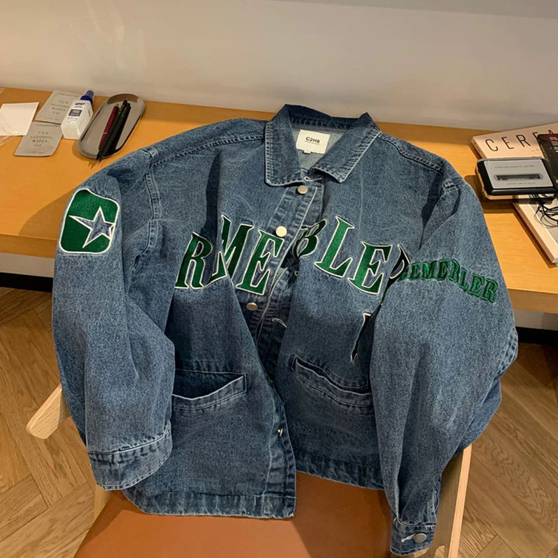 Mexzt Harajuku Denim Áo Khoác Phụ Nữ Quá Khổ Thêu Jeans Áo Khoác Thời Trang Phố Hàn Quốc Thư In Giản Dị Outwear Áo Khoác Tops Mới