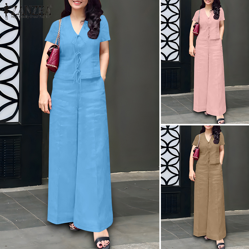 Esolo ZANZEA Women Summer Two-piece Outfits Short Sleeve V-Neck Lace-Up Top Long Pants Sets #0324 ราคา 398 บาท*ส่งฟรี