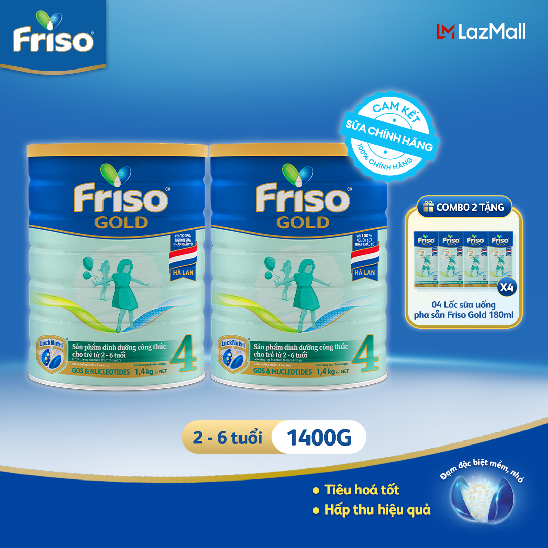 [Tặng 4 Lốc RTD 180ml] Bộ 2 Lon Sữa Bột Friso Gold 4 1400g/lon (cho trẻ từ 2-6 tuổi)