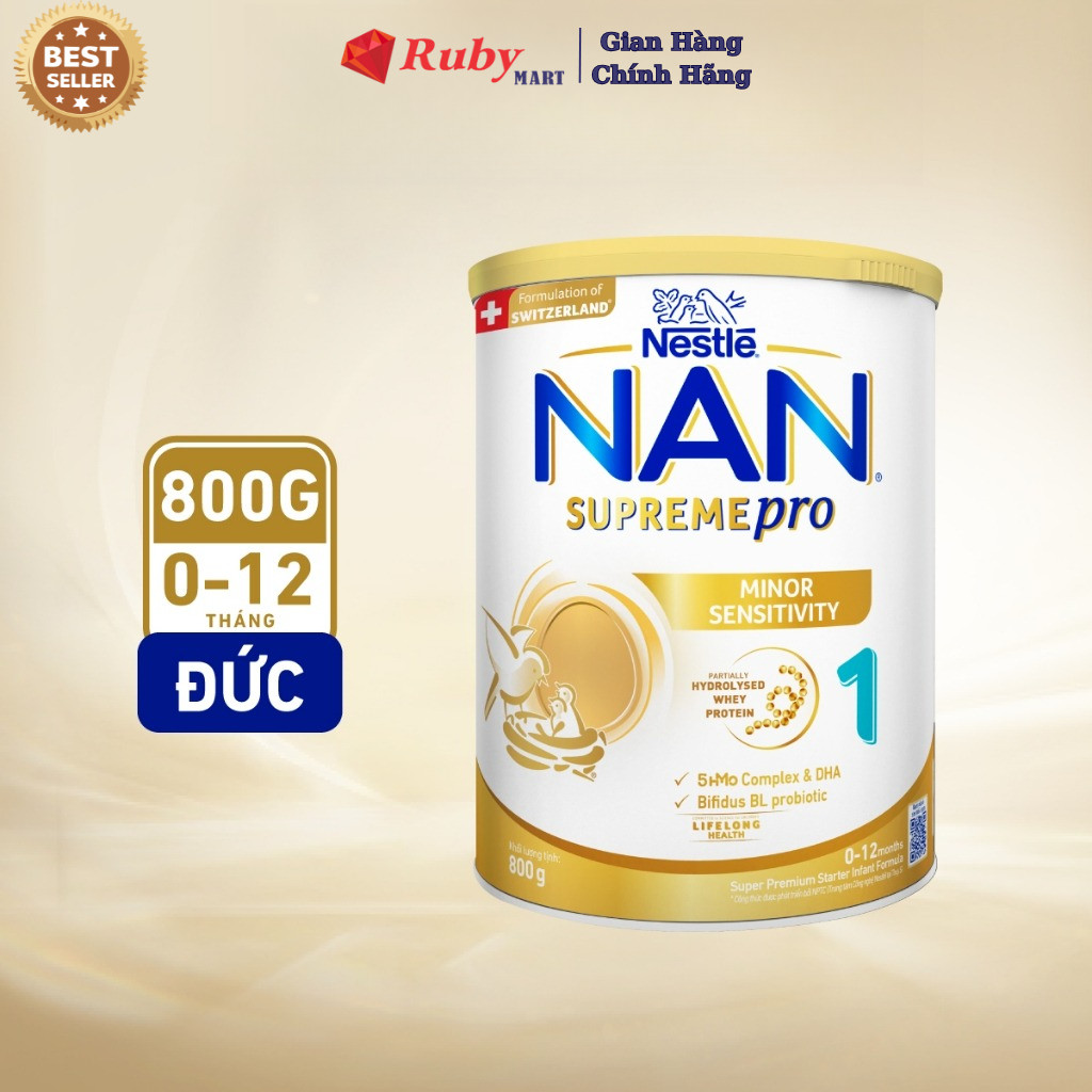 Sữa bột Nestle NAN SUPREMEPRO 1 800g nhập khẩu Đức với với đạm Whey thủy phân 1 phần 5HMO hỗ trợ triệu chứng mẫn cảm