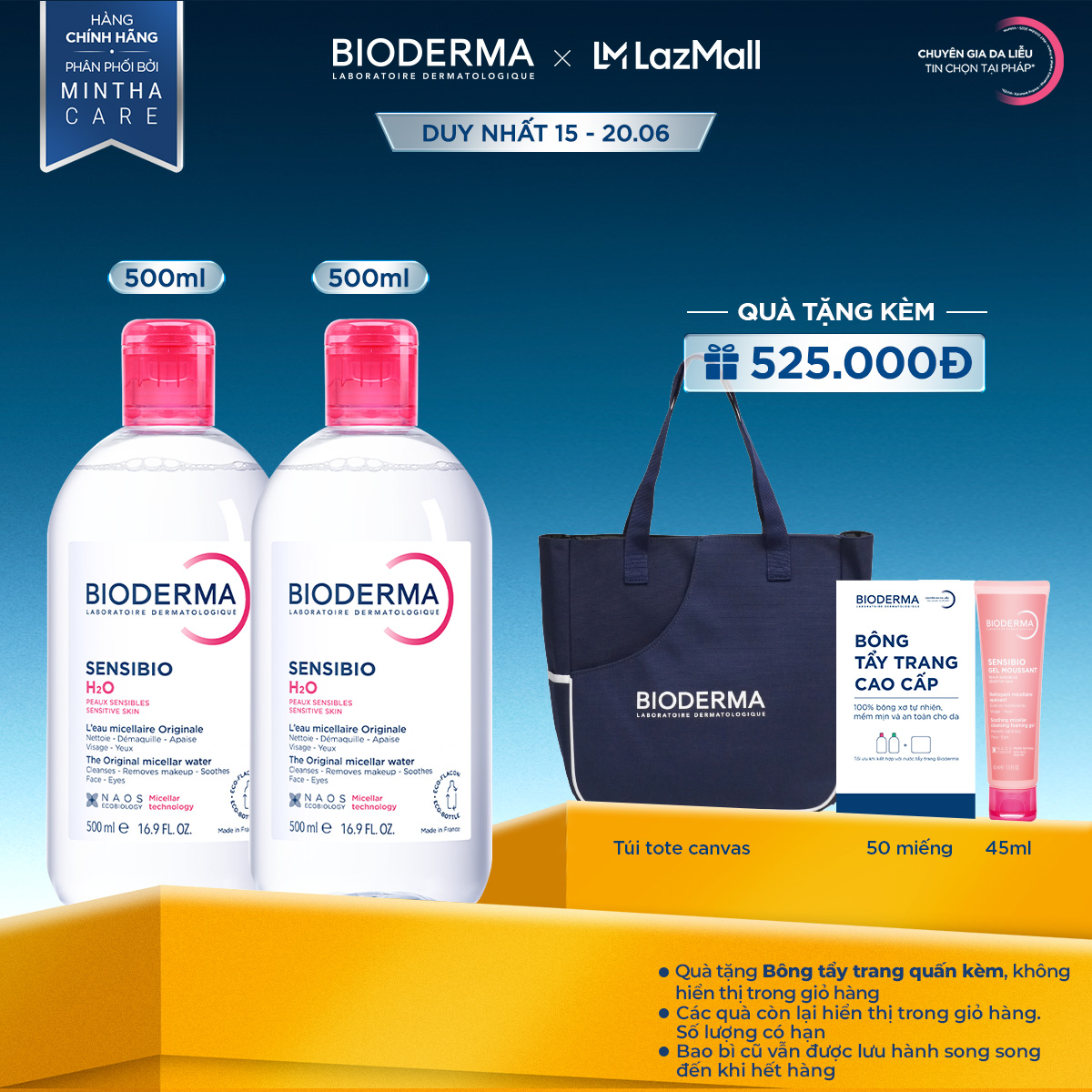 Bộ đôi nước tẩy trang Micellar cho da nhạy cảm Bioderma Sensibio H2O - 500mlx2