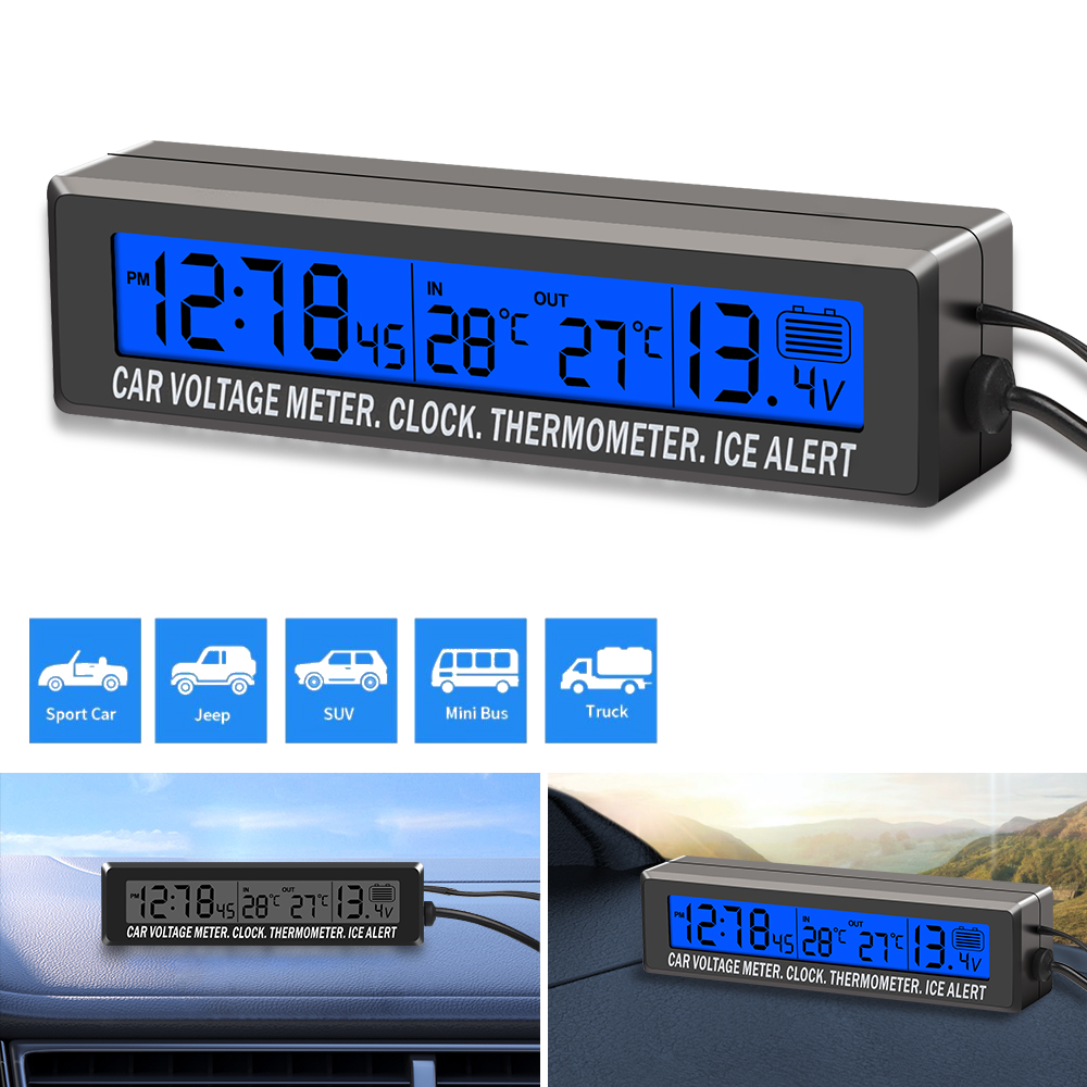 Điện áp nhiệt độ đồng hồ xe hơi điện tử mini 3in1 hiển thị đồng hồ đo bên trong bên ngoài thời gian điện áp nhiệt độ với ổ cắm ci-g-arete