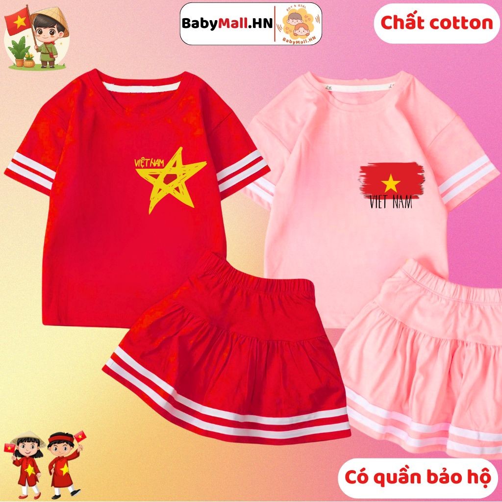 Bộ áo váy Cờ Đỏ Sao Vàng cho bé gái có quần bảo hộ BABYMALL áo Việt Nam cho bé chất cotton co dãn - 6