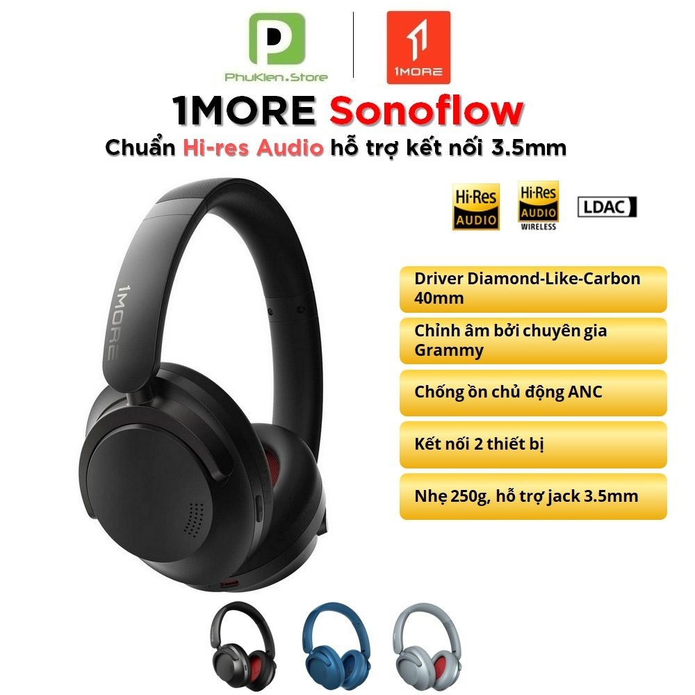 Tai Nghe chụp tai Bluetooth 1More Sonoflow | Hi-res AUDIO | Driver DLC 40mm | ANC |  Kết nối 2 thiết bị | jack 3.5mm