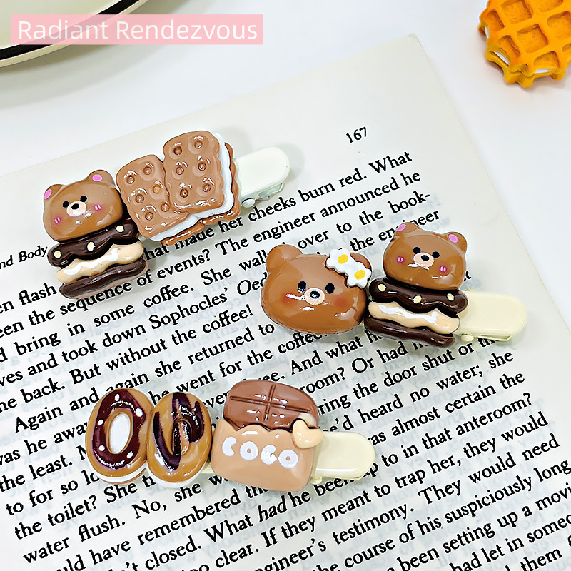 Captivating Curiosities Cartoon bear biscuit hairpin cute girl hairpin student hair accessories ราคา  28 บาท*ส่งฟรี