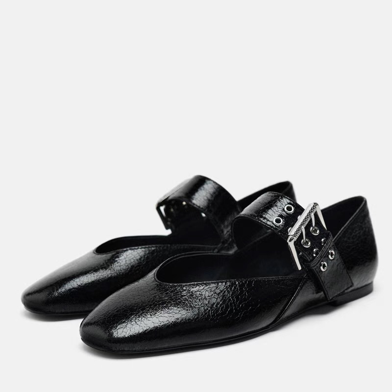 NEW 2025 ZARAˉ 2024 Black Strap Buckle Mary Jane Style Flat Ballet Shoes New Flat Heel Round Toe Shallow Mouth Shoes Women New product