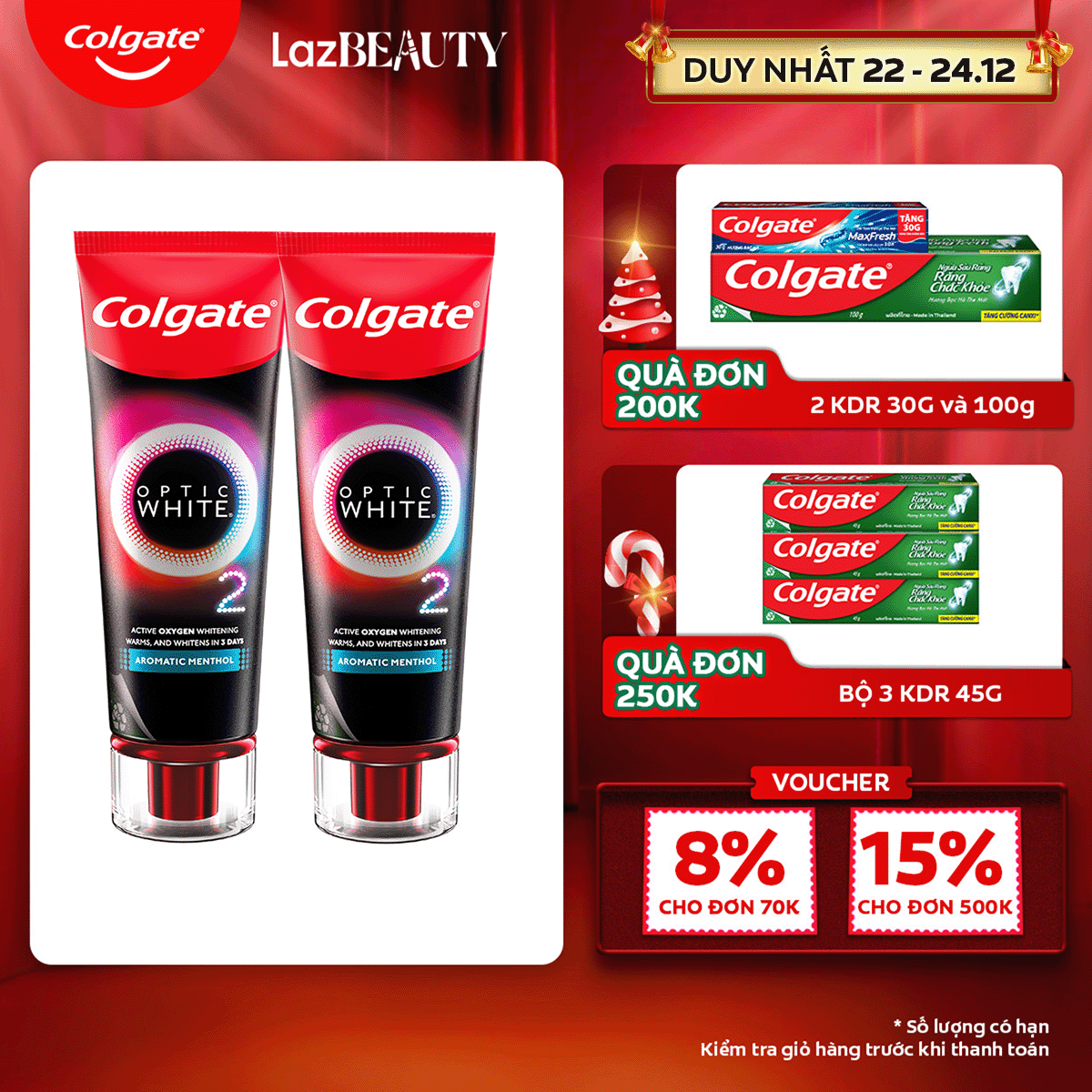 [Chỉ 22 - 24.12_Áp Voucher giảm thêm 8%]Bộ 2 Kem Đánh Răng Colgate trắng răng đột phá CHỈ TRONG 3 NGÀY Optic White O2 với Oxy Hoạt Tính 85g/ tuýp