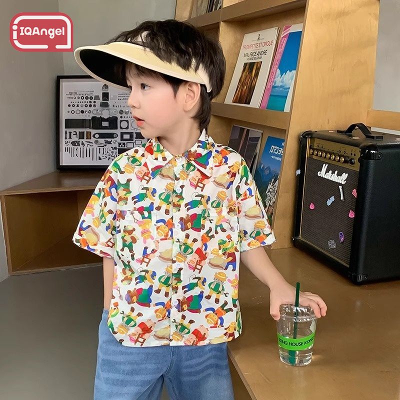 IQANGEL Children's Short Sleeve Shirt, Summer Boys Cartoon Printed Casual Shirt, Loose and Comfortable ราคา 157 บาท*ส่งฟรี