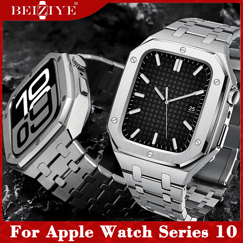 Stainless Steel Case+Strap For Apple Watch Strap Series 10 สายนาฬิกาข้อมือ สเตนเลสสตีล Watchband Bracelet สาย apple watch series 10 42mm 46mm สมาร์ทวอทช์ สายนาฬิกา Band Metal Modification Kit Accessories ราคา 1,980 บาท*ส่งฟรี