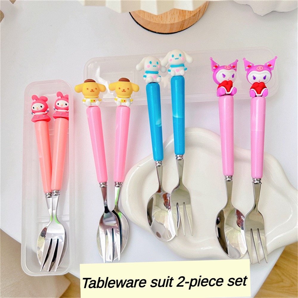 Hourser 2 cái muỗng nĩa Bộ dụng cụ ăn dẹt phim hoạt hình kuromi cinnamoroll Bộ đồ ăn bằng thép không gỉ cho sinh viên trường học