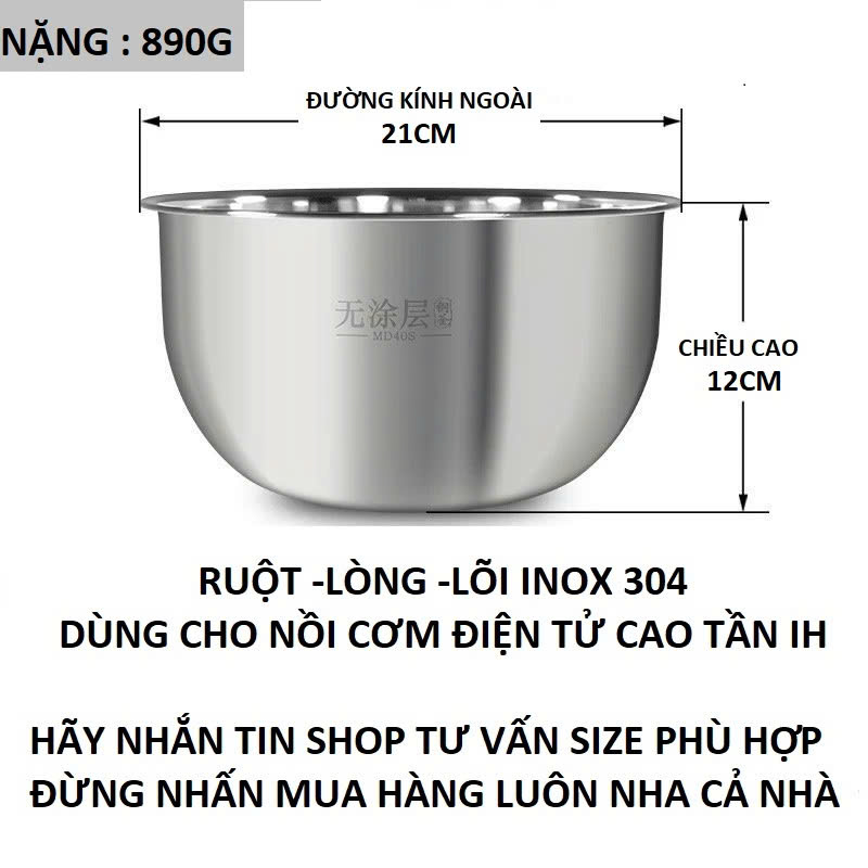Lòng nồi cơm điện ruột lõi nồi cơm điện Inox 304 an toànkhông phủ chống dính 1Lit 18Lit Dày dùng cho