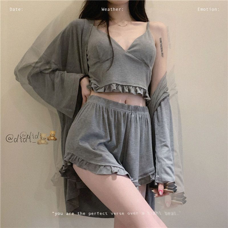 【Personality shop】 Spring And Summer Pajamas Set With Breast Pads For Girls Ins High-looking Sexy Suspenders Home Wear Long-sleeved Pajamas Three-piece Set