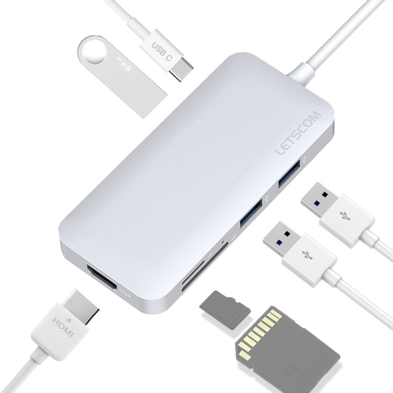 LETSCOM USB Type-C Hub Adapter, Aluminum Multi Port Charger Dock USB Type C to HDMI / USB C / 2 USB-A 3.0 Port / SD card reader / TF card reader
